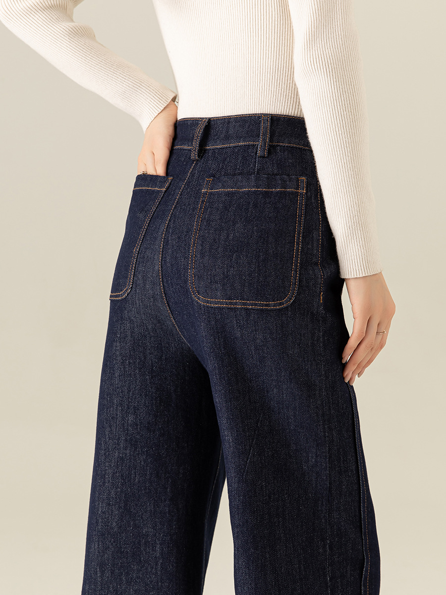 Quần jean ống rộng nữ eo cao denim đường chỉ tương phản — màu denim