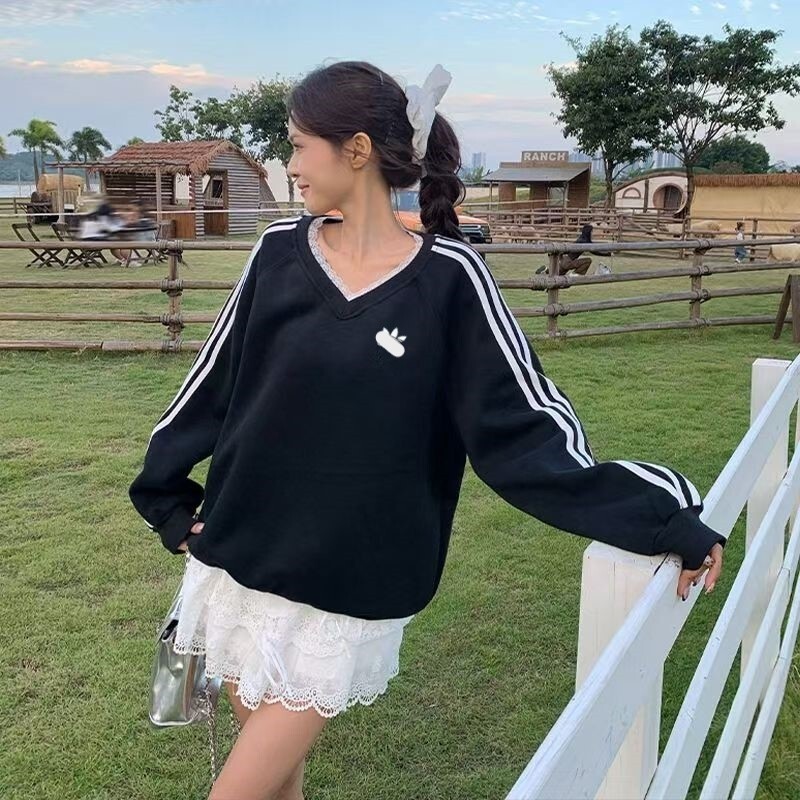 三条杠V领花边卫衣女款春秋季长袖T恤休闲运动上衣刺绣logo外套|undefined