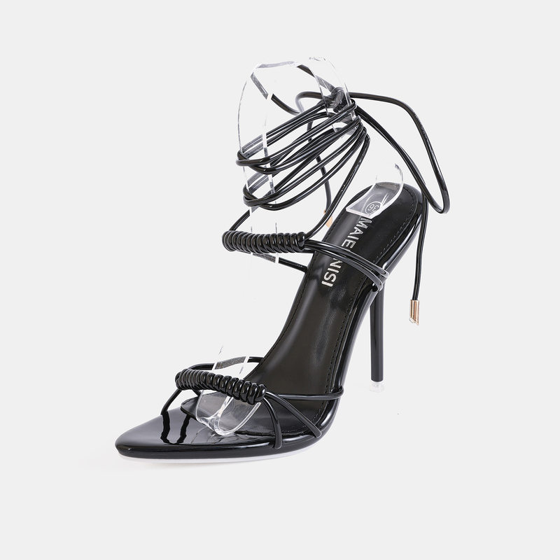 Sandal nữ gót nhọn 12 cm quai ngang siêu mảnh buộc dây cỡ lớn — Màu be, Màu bạc, Màu trắng, Màu tím