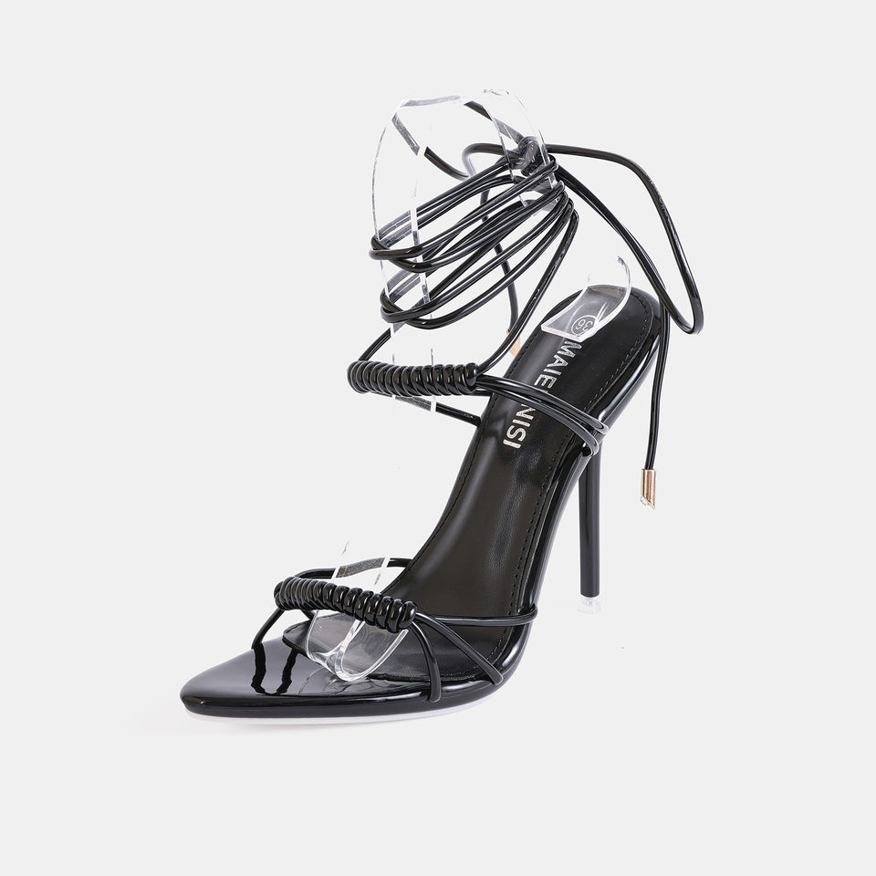 Sandal nữ gót nhọn 12 cm quai ngang siêu mảnh buộc dây cỡ lớn — Màu be, Màu bạc, Màu trắng, Màu tím