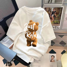 厂家批发夏季卡通泰迪小熊情侣款短袖T恤印花五分袖宽松圆领上衣