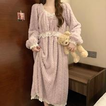 宫廷风长毛绒睡裙女士法兰绒秋冬季加厚珊瑚绒睡衣纯色大码家居服