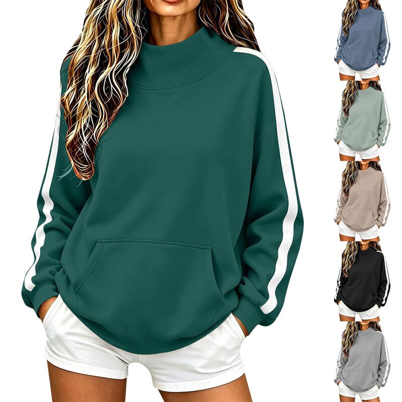 2026 Cross-Border European and American Autumn/Winter New Women's High-Neck Ribbed Sweatshirt Loose Casual Sporty Style Sweatshirt with Striped Sleeves for Women 2026 Cross-Border European and American Autumn/Winter New Women's High-Neck Ribbed Sweatshirt Loose Casual Sporty Style Sweatshirt with Striped Sleeves for Women