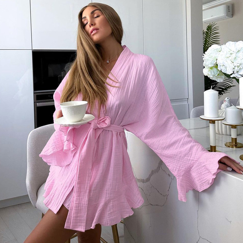 French-Style Elegant Nightgown Set for Women, Flared Sleeves, Ruffled Short Bathrobe, Shorts Two-Piece Set, Can Be Worn Outside the Home
