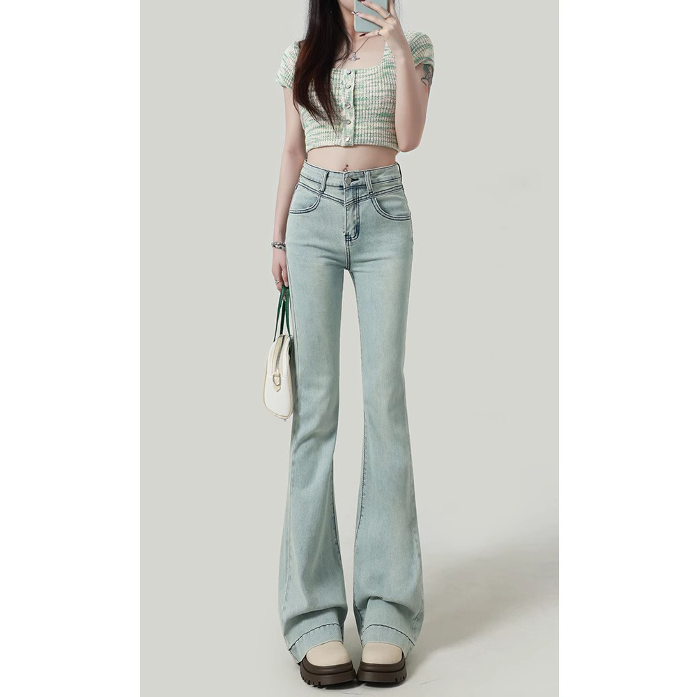 Spring and Autumn New Small light blue Micro-blared Jeans Women's 2025 High Waist Slim-fit Slimming Horseshoe Flared Pants