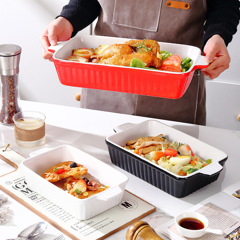 Baking Pan Double-Eared Square Striped Baking Cheese Baked Rice Pan Cross-Border Spot Ceramic Set Creative Large-Capacity Oven