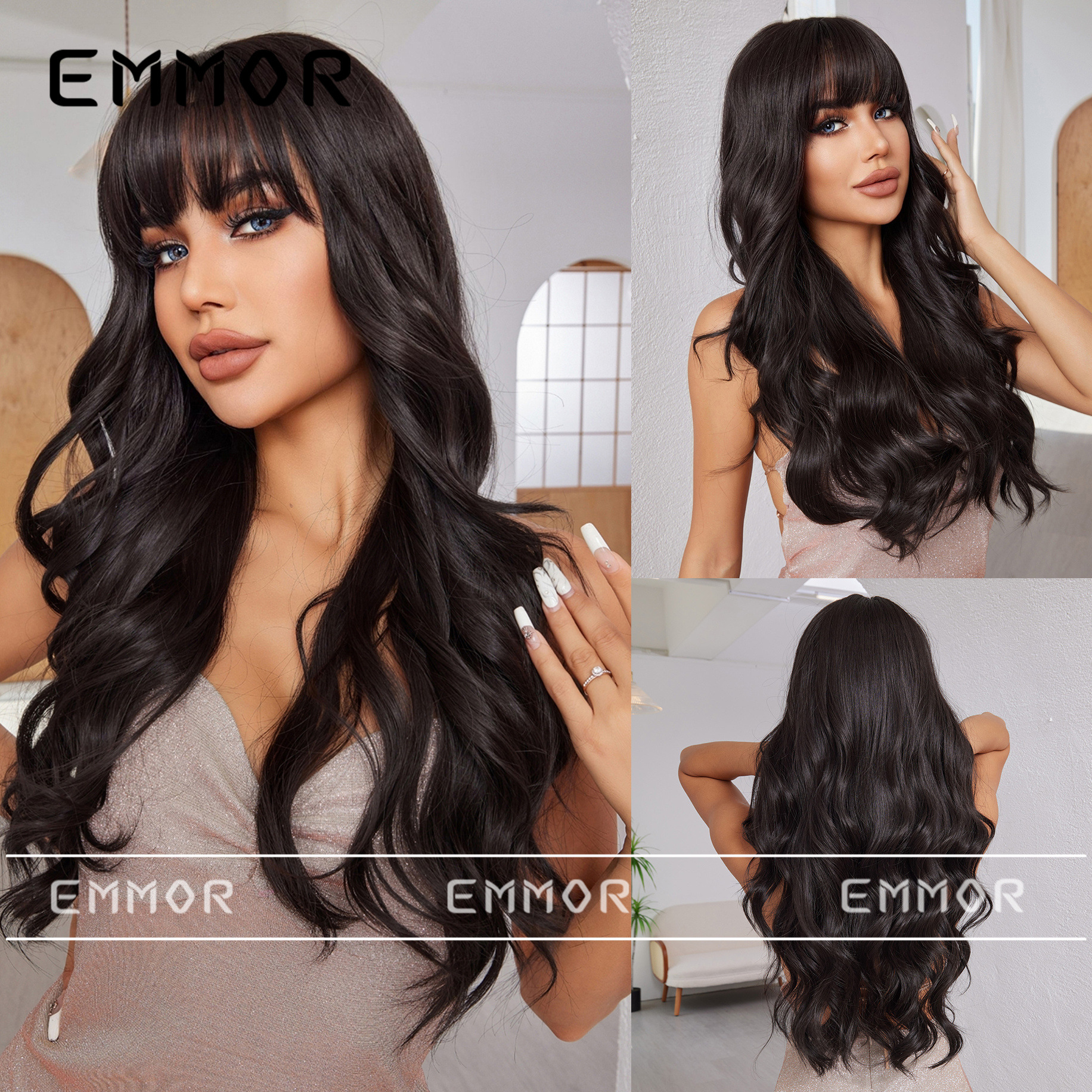 Peluca de pelo largo de las mujeres cubierta de la cabeza completa flequillo de aire natural superior largo pelo rizado moda perezoso agua ondulación peluca