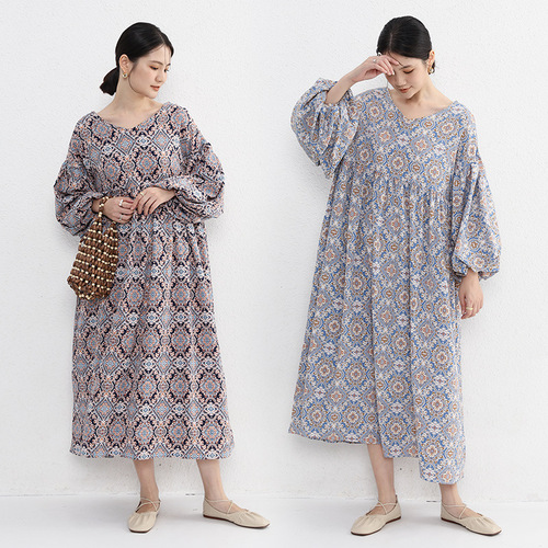 Japanese-style long-sleeved women's spring and autumn loose-fitting slimming plus-size home dress casual round neck outerwear long dress