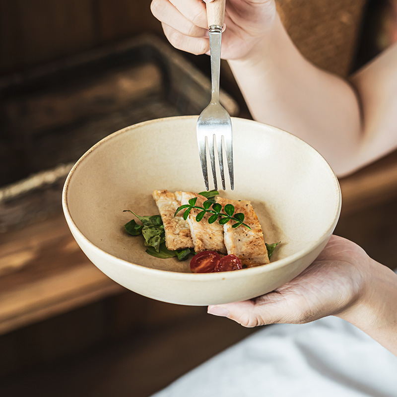 Retro hacer viejos tacos de ensalada de cerámica mate, tazón de fideos caseros, platos, tazón de verduras, tazón redondo simple, tazón de frutas