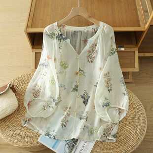 Real Shot of 2025 French V Neck Light and Breathable Floral Shirt Plus Size Women's Fat mm Summer New Style