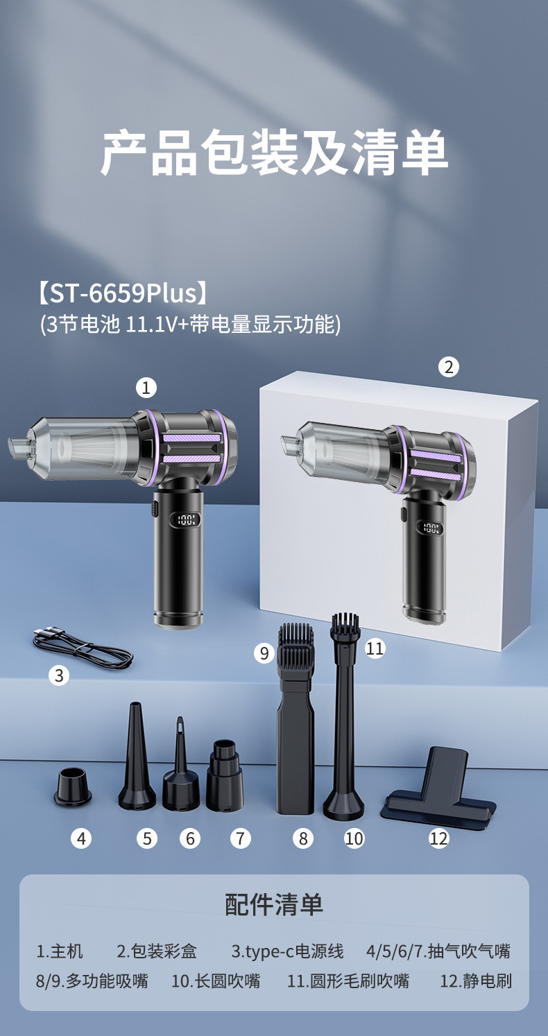 Car-mounted vacuum cleaner with suction and blowing functions, small high-power wireless handheld blower, household desktop vacuum cleaner