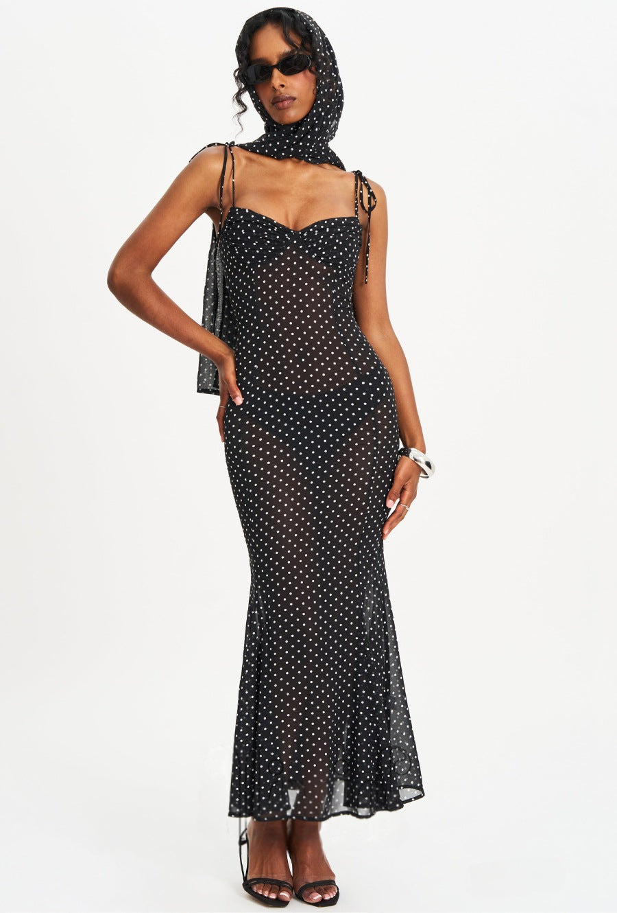 Women Elegant Spaghetti Strap Polka Dot Print Backless Dress Stylish Scarf Decor Slimming Party Vacation Dress_ecoleips.com