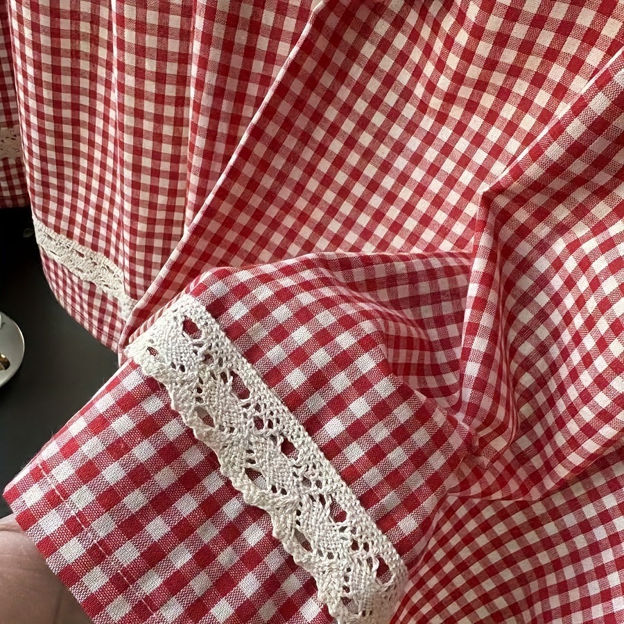 Retro Lace Window Curtain In Red And Black Plaid Style_voghion.com