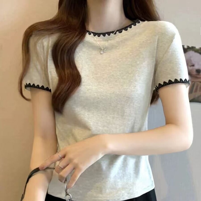40-Count 210g Pure Cotton 2026 Spring/Summer New Style High-End Color-Blocked Round Neck Regular Shoulder Short-Sleeve T-Shirt for Women