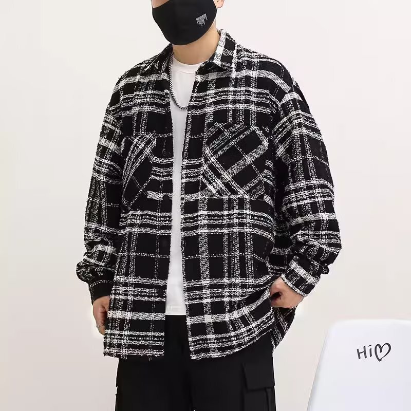 vintage Chanel style coat men's spring and autumn high-grade fried Street Men's tweed black and white plaid shirt jacket