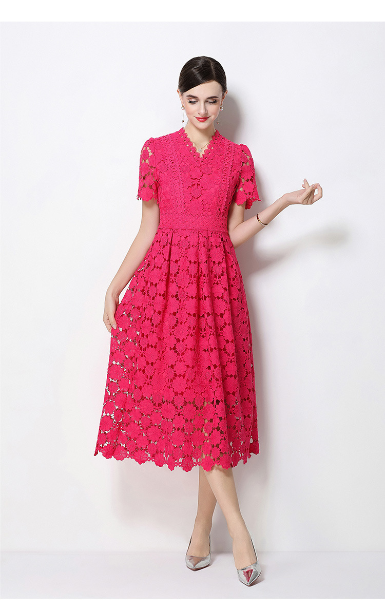 Đầm maxi nữ cổ V ren thắt eo tay ngắn họa tiết rỗng — màu đen, Rượu vang đỏ, màu hồng đậm, màu trắng chi tiết 103