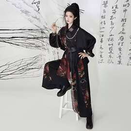 原创实拍中国风龙纹提花上衣双层蕾丝大摆长裙汉服武侠风CP套装