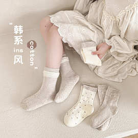 韩系秋季童袜小波点木耳边儿童袜子女童中筒袜花边透气宝宝公主袜