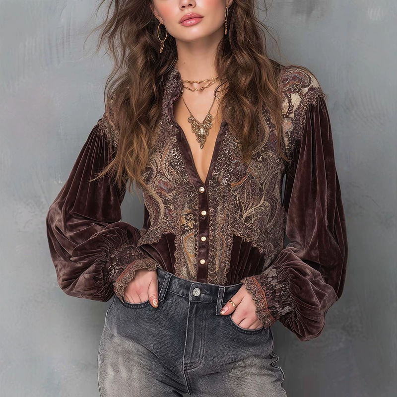 European and American Retro Party Dance Lace Patchwork Tops Amazon Cross-Border Shirt Tops European and American Retro Party Dance Lace Patchwork Tops Amazon Cross-Border Shirt Tops
