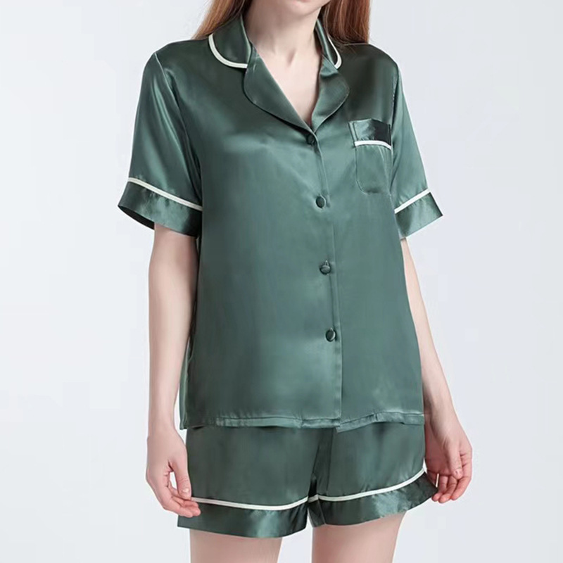 Summer Gift Matcha Green Silk Pajamas Women's 100 Mulberry Silk Home Clothes Short Sleeve Shorts Sleep suit Summer Gift Matcha Green Silk Pajamas Women's 100 Mulberry Silk Home Clothes Short Sleeve Shorts Sleep suit
