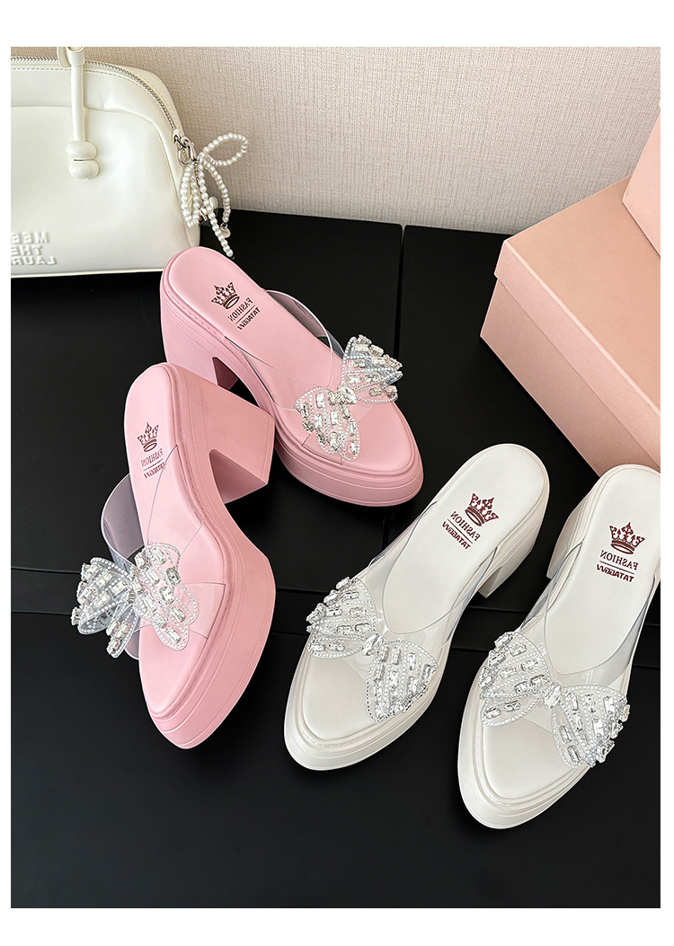 Dép sandal cao gót nữ quai ngang gót thô 10cm đính nơ đá lấp lánh — Màu hồng, Màu trắng be chi tiết 15