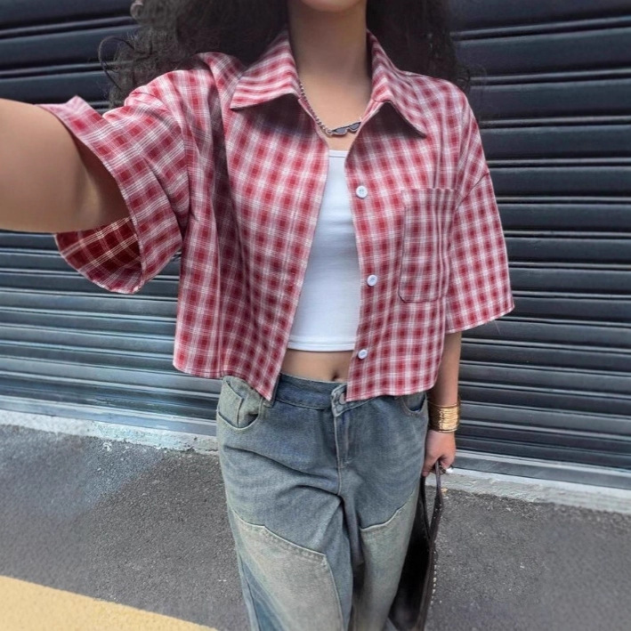 Cross-Border Casual Short-Sleeved Plaid Shirt for Women, Summer Versatile Plaid Top, Holiday Style French Style Stunning Top