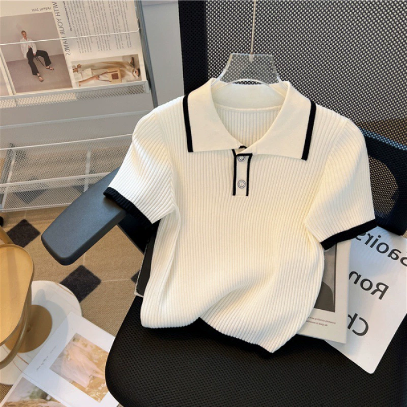 Вязаная летняя короткая футболка, стиль Chanel, поло-ворот, с коротким рукавом, высокая талия