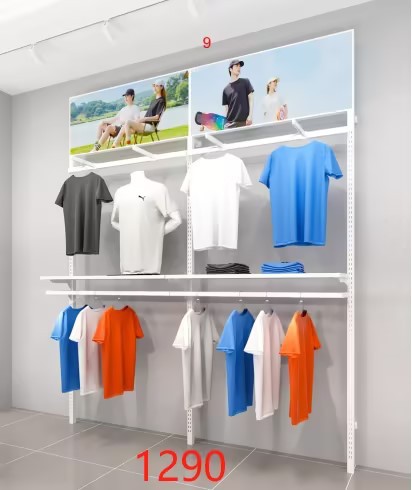 Tienda de ropa estante de exhibición colgante estante de piso estante de exhibición de pared de pared de bloqueo estante de ropa de hombre pared accesorios de exhibición
