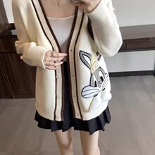 卡通设计感兔兔刺绣时尚针织开衫女秋冬2024新款别致洋气毛衣外套