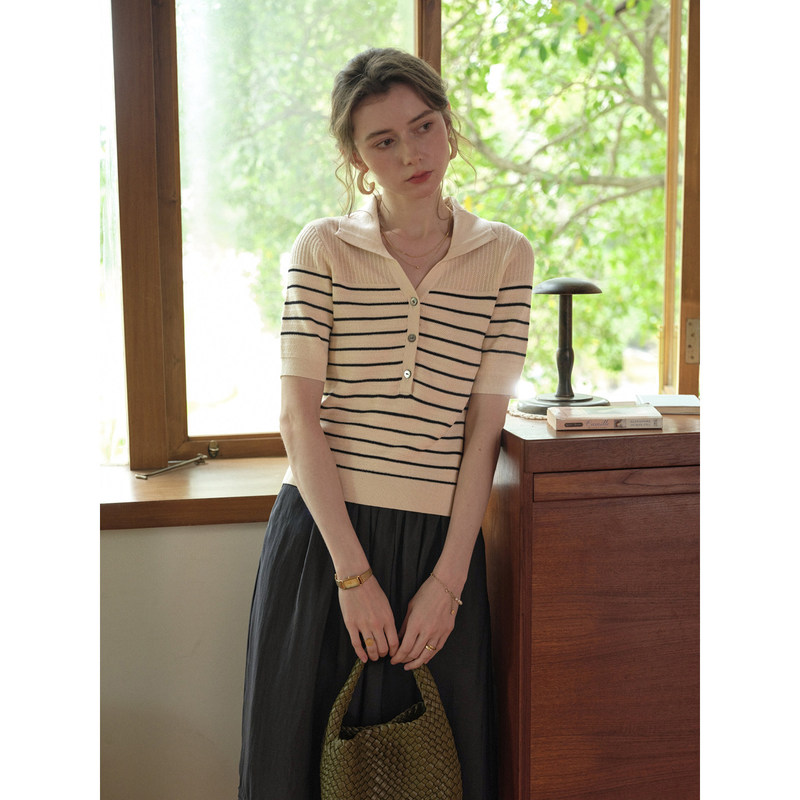 Simpleretro French Old Money Style Stripesd Polo Collar Short-Sleeved Knitwear Women's T-Shirt 2026 Summer New Top Simpleretro French Old Money Style Stripesd Polo Collar Short-Sleeved Knitwear Women's T-Shirt 2026 Summer New Top