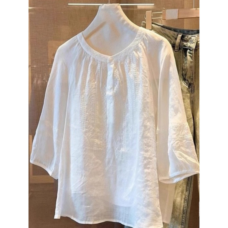 高级设计感半袖衬衫女夏季宽松圆领正肩显瘦高端短袖苎麻衬衣薄款|undefined