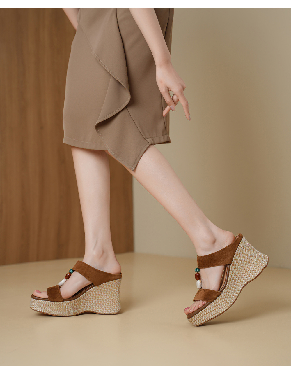 Sandal cao gót nữ hở mũi đế xuồng đan rơm gót 10 cm — màu nâu, màu mơ chi tiết 8
