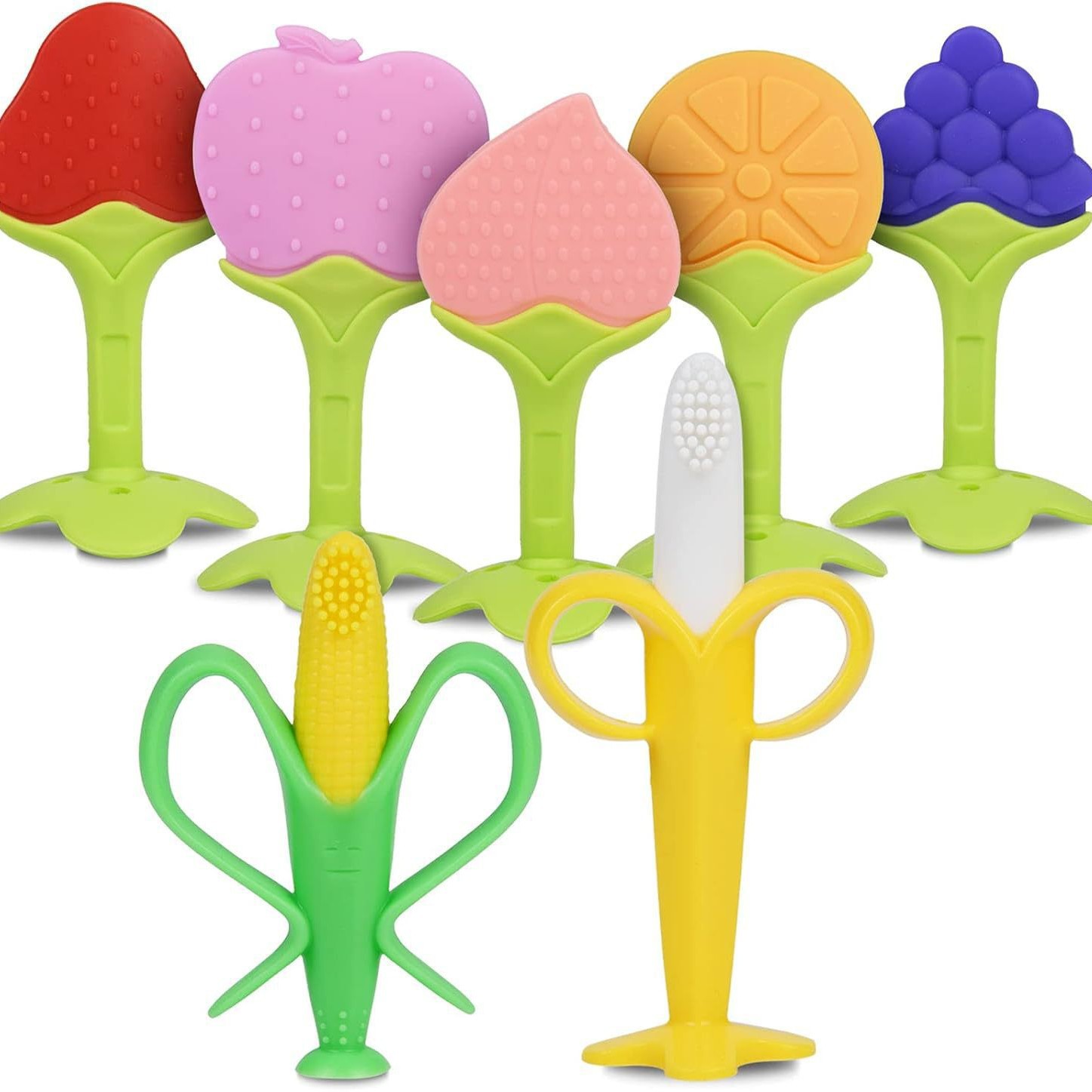 Pequeña seta fruta teether bebé mordedor bolsa de frutas y verduras teether bebé molar jirafa partido