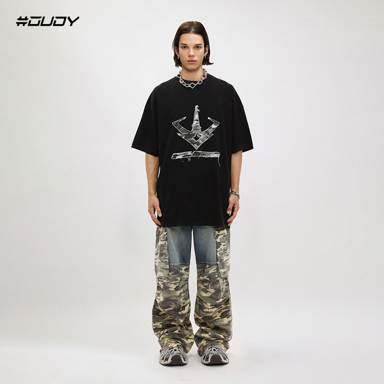 Men's Clothing washed distressed trousers PROJECT G/R splicing camouflage drawstring workwear denim paratrooper pants_voghion.com