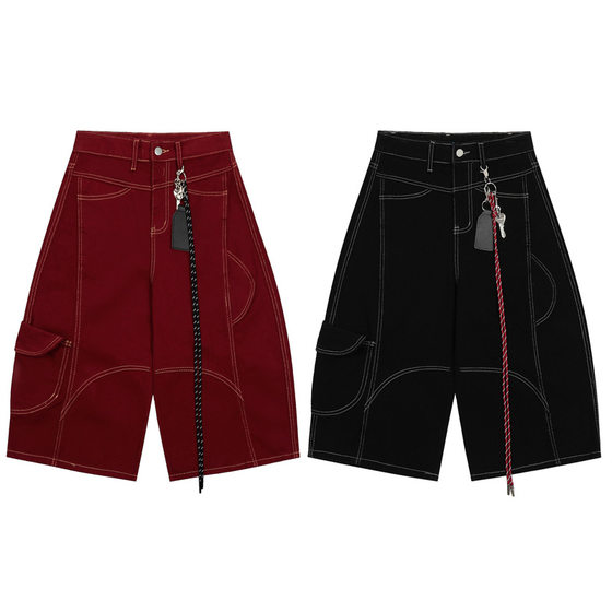 American Style Retro Loose Wide-leg Tooling Shorts for Men and Women Street Fashion Brand Open Line Design Straight Denim Cropped Pants