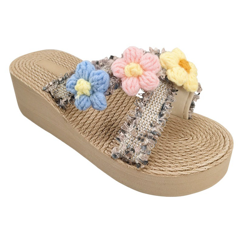 Тапочки с перекрестными цветами, женская летняя верхняя одежда, модные милые сандалии на толстой подошве в этническом стиле в Корейском стиле, Нескользящие пляжные