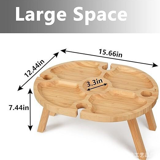 Bamboo and Wood Fruit Plate, Red Wine Storage Tray, Outdoor Picnic Foldable Snack Tray, Portable Round Picnic Table