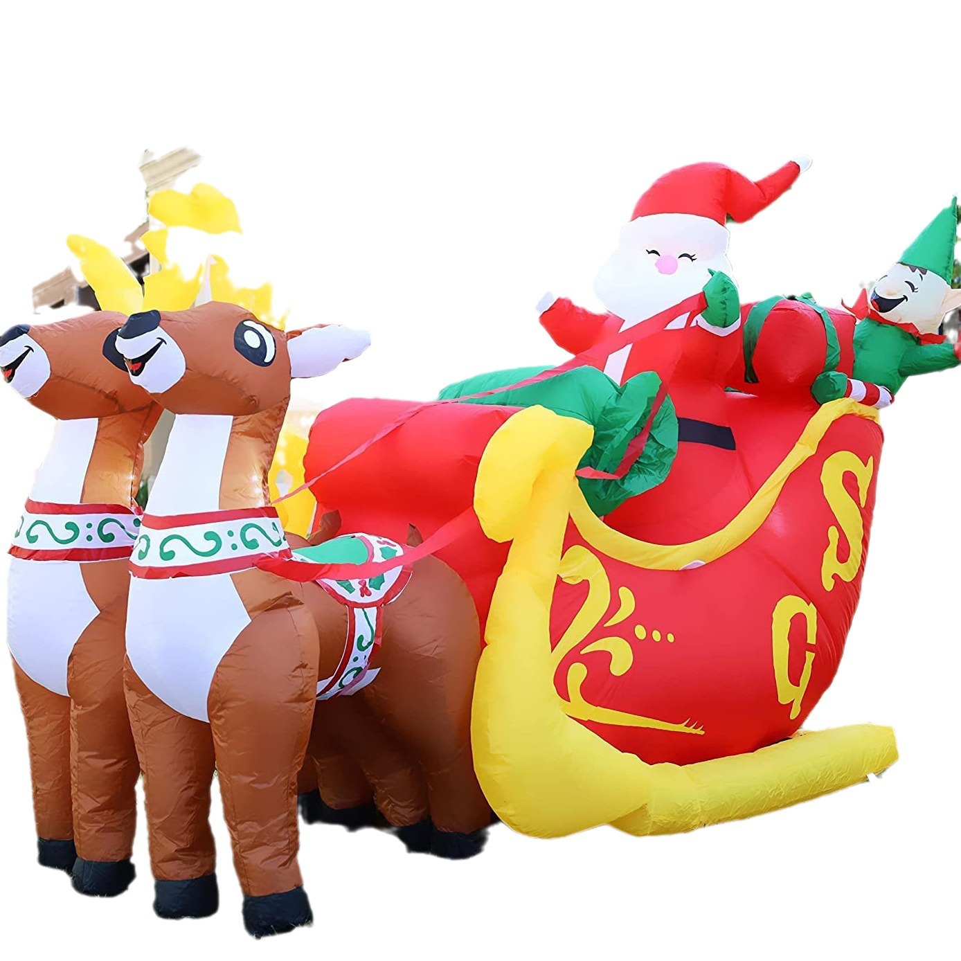 大型圣诞充气户外鹿车带圣诞老人,爆炸庭院装饰间隙,带 LED 灯