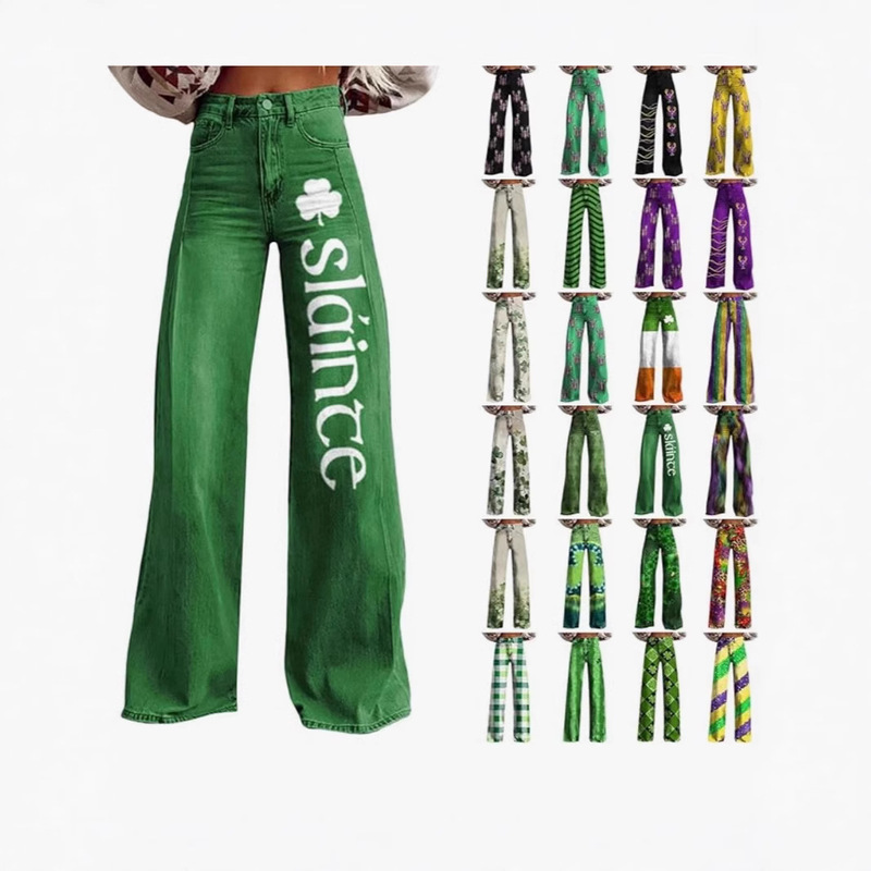 2025 Spring/Summer Best-Selling Women's Long Pants 3D Digital Print Amazon Women's Faux Denim Wide-Leg Pants Sweatpants