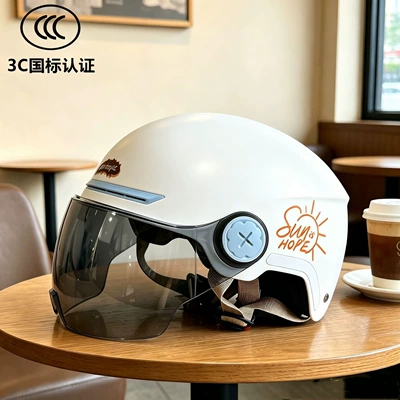 Newly certified electric motorcycle helmet for men and women, cute cat ears for summer, new national standard, all-season electric scooter safety helmet (Motosiklet kaskı (dəbilqə)) - class-a-national-standard-sunshine-white-and-blue-breathable-model-sun-protection-lenses-543g
