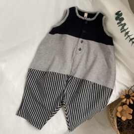 GL-kids韩版夏季新品儿童条纹拼块连体衣 男女宝宽松休闲哈衣外套