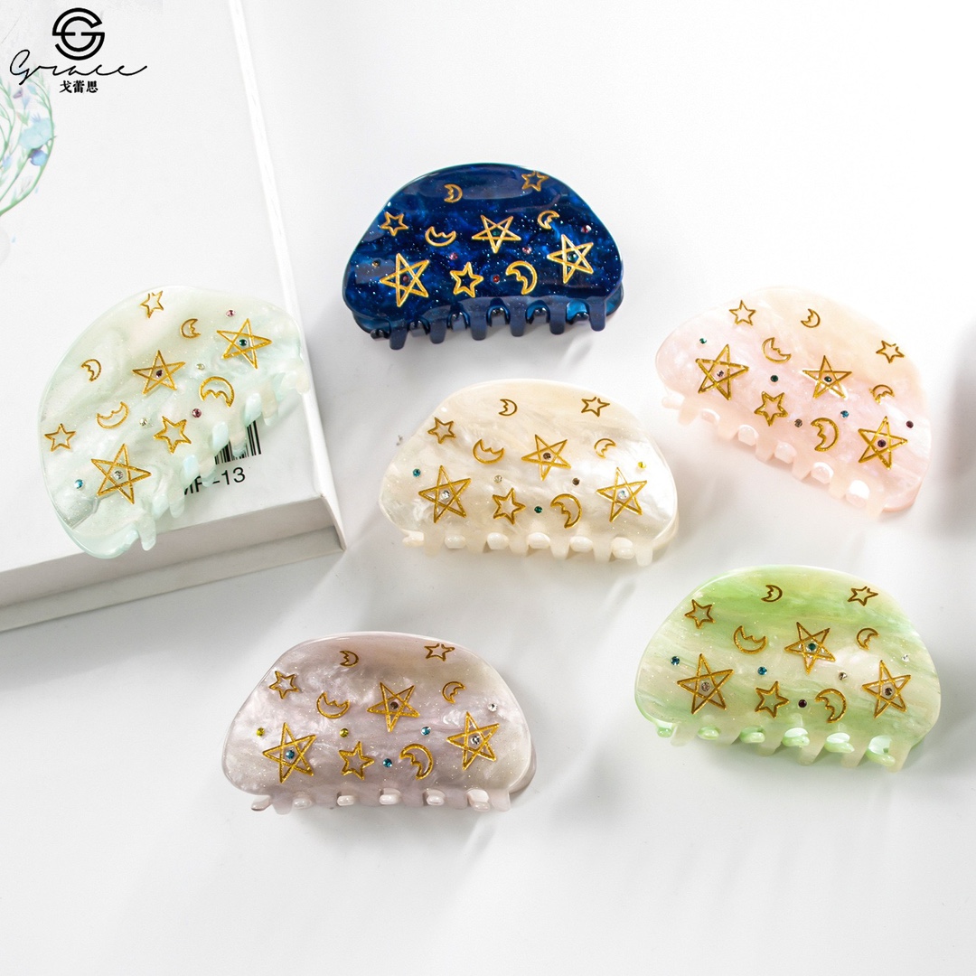 Moon Pentagram Hairpin Gold Thread Colorful Jewelry Diamond August New Acrylic 8cm Green Onion Pink Children's Claw Clip