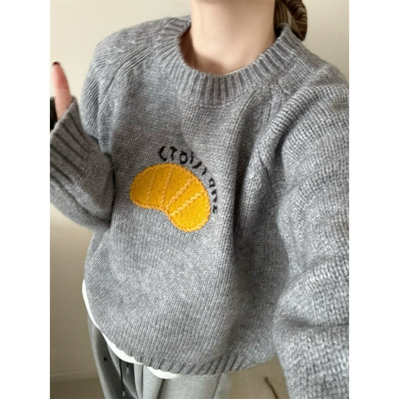 Милый вязаный свитер с рисунком из мультфильма, круглый воротник, размер oversize.