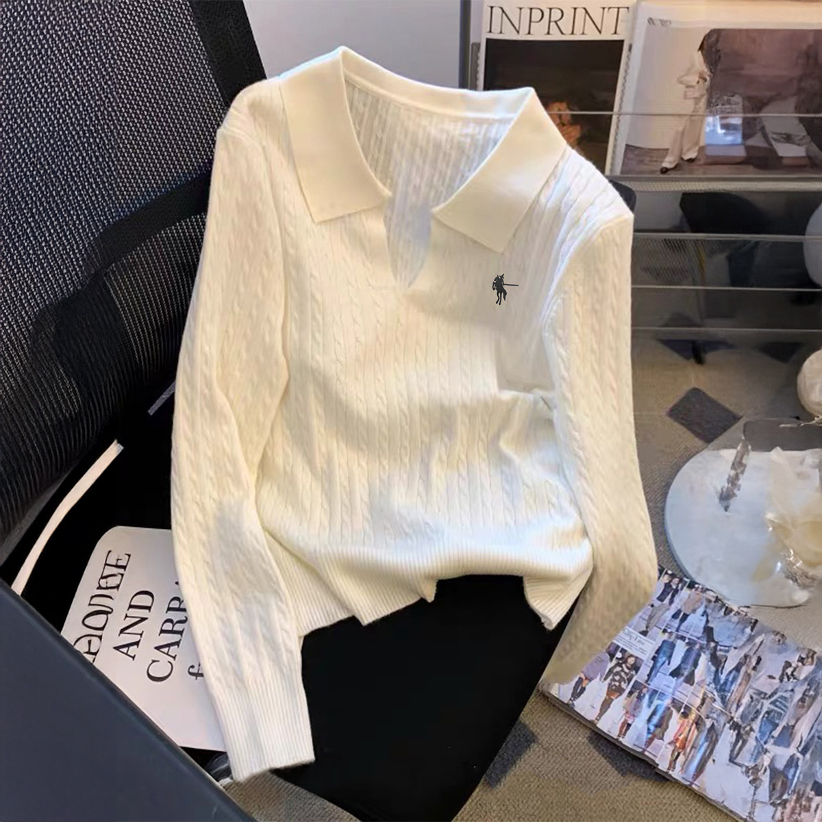 Kaikuo transfronterizo Europa y América estilo casual Polo cuello sólido suéter de manga larga de mujer 2025 otoño y invierno Amazon estación independiente