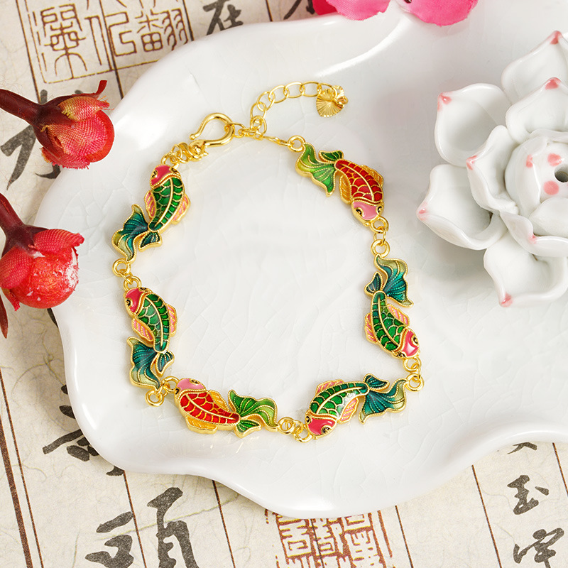 Nueva pulsera china de oro de arena vietnamita esmalte cortesana esmalte color goteo de aceite Koi pulsera mujer joyas de mano china image 1