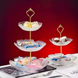 欧式玻璃三层水果盘子蓝客厅创意多层蛋糕架家用糖果干果点心托盘