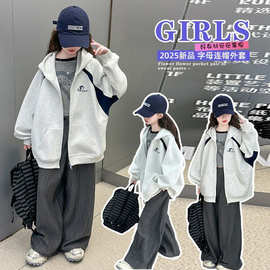 女孩时尚美式拼色连帽开衫中大童春季新款韩系宽松拉链卫衣外套衫