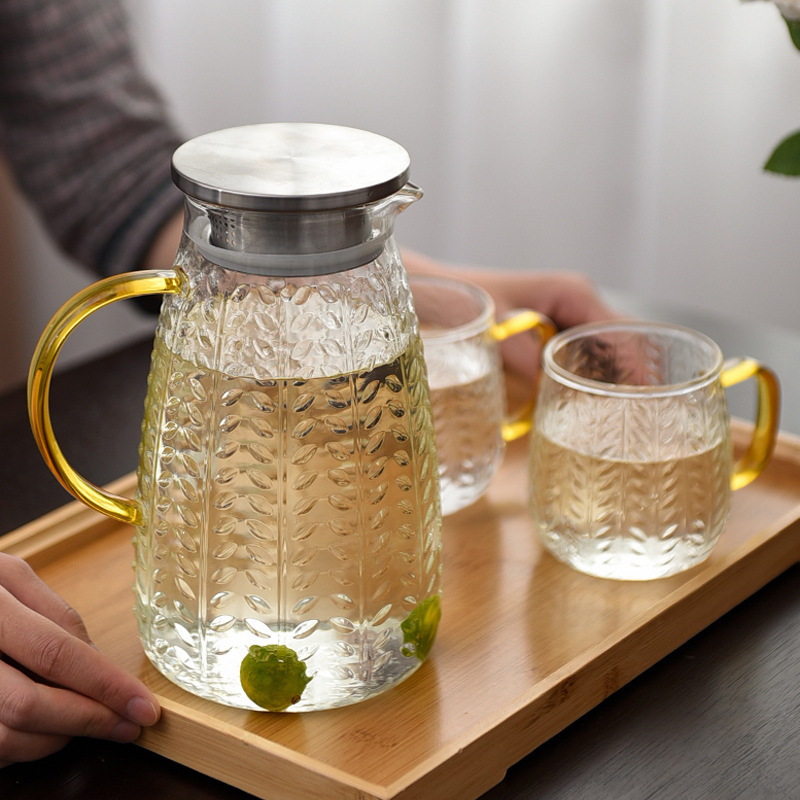 Hammered Pattern Wheat Ear Water Jug High Borosilicate Glass Household Cold Water Pitcher Stainless Steel Lid Large Capacity Heatable Juice Mug
