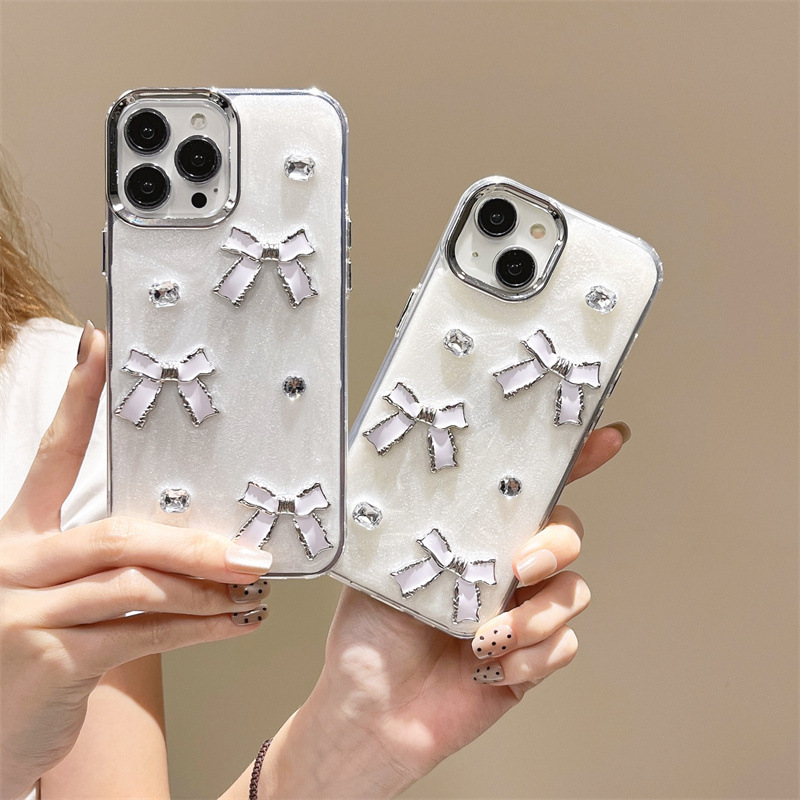 Suitable for Apple 17Promax Mobile Phone Case Iphone16 High-End 14 Three-Dimensional Bow Rhinestone 15 Electroplating 12