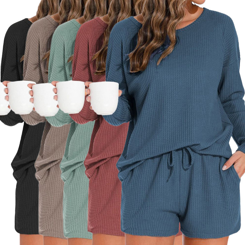 Waffe Knit Women's Pajamas suit Long Sleeve Top and Shorts with Casual suit Outwear